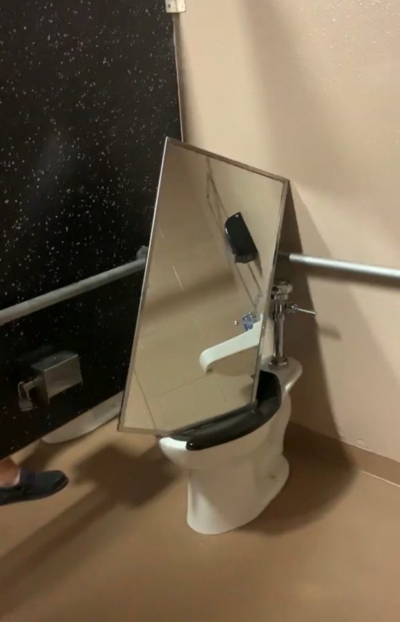 :Students started taking mirrors down in the boys’ bathrooms as a way of joining the trend on TikTok called “Devious Licks”. 
