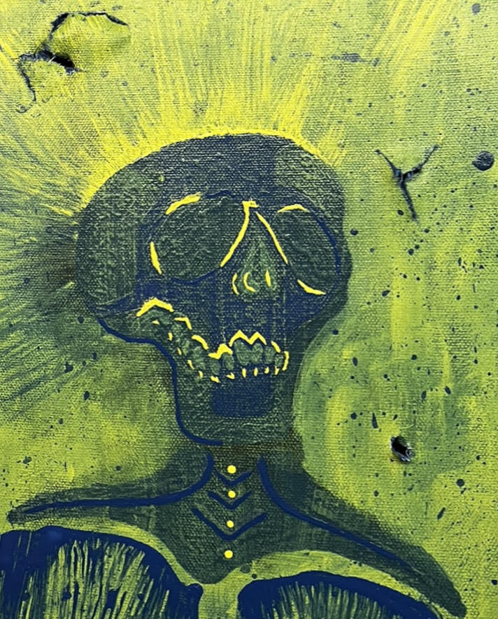 This two-toned painting created by Alyssa King (’24) highlights her skilled use and understanding of color. Not only were paints used, but she also took a more unique approach to add detail by stabbing holes in bits of the canvas and burning other areas. 
