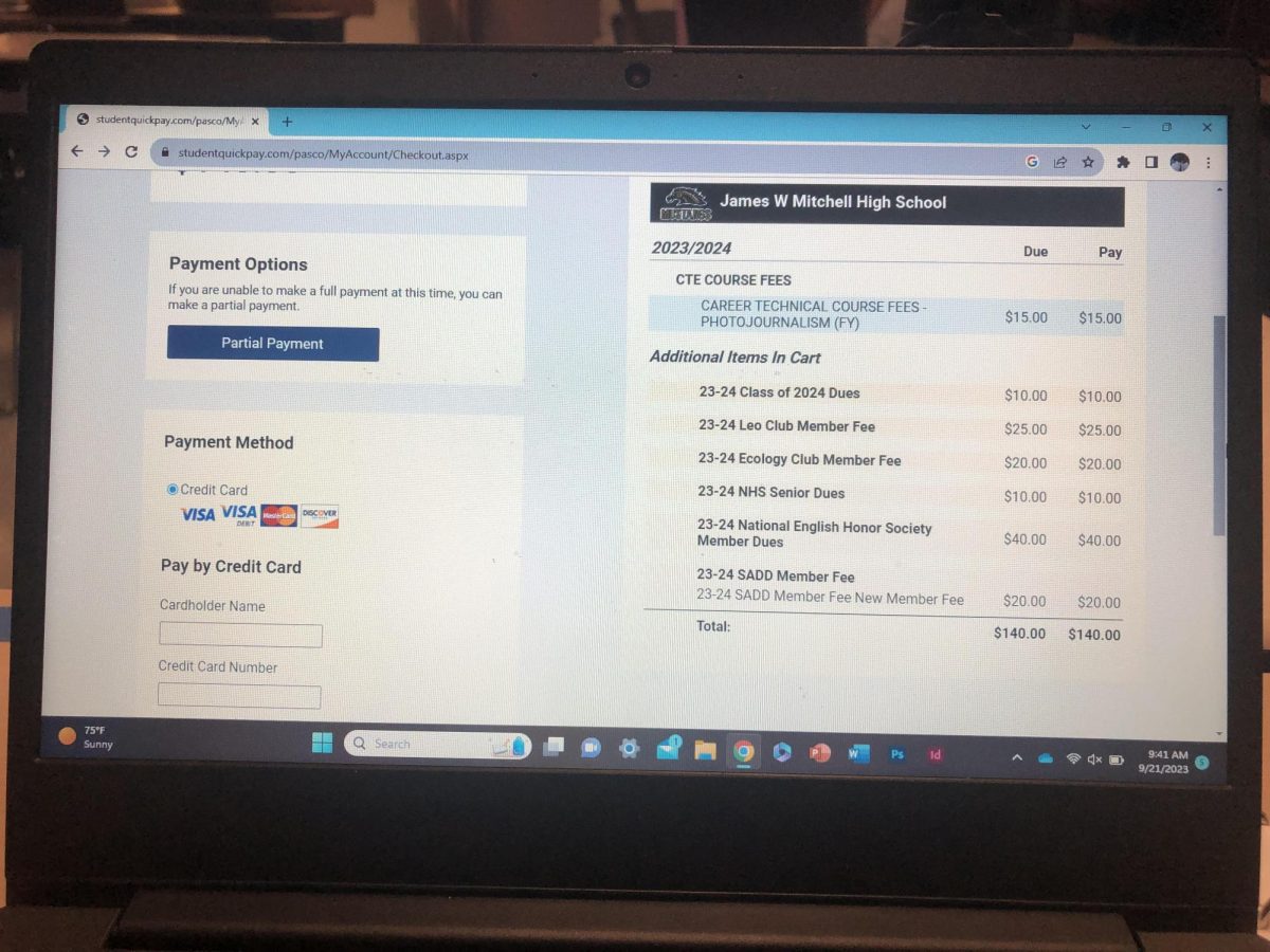 A students screen with the website Rycor is pulled up, showing all the club and school fees that have yet to be paid. On the website you can pay in full, or make partial payments, and it is a way for students and parents to keep track of what fees they have remaining.